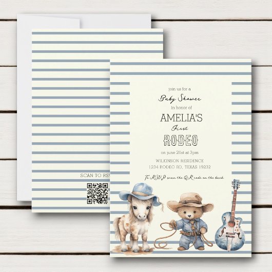 modern cute pastel first rodeo baby shower kaart