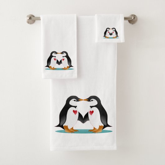 Modern Cute Pinguïn Koppel op Witte Bad Handdoek (Insitu)