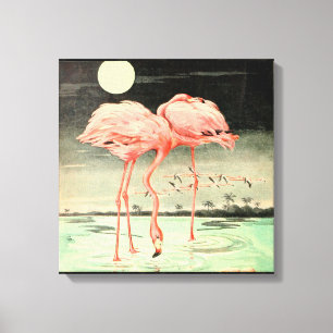 Modern Cute  Pink Bird Flamingo and Moon Canvas Afdruk