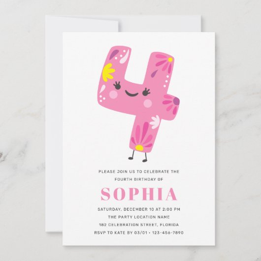 Modern Cute Pink Girl Birthday - 4e verjaardag Kaart (Voorkant)