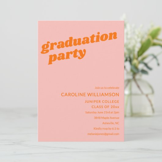 Modern Cute Pink Orange Retro Graduation Party Kaart (Staand voorkant)