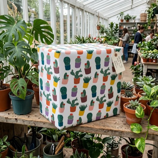 Modern Cute Potted Cactus Patroon Wit Cadeaupapier