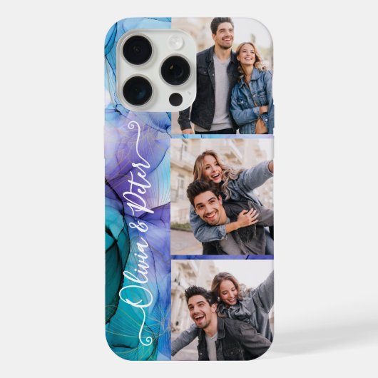 Modern cute Purple couple photos collage with name iPhone Hoesje (Achterkant)