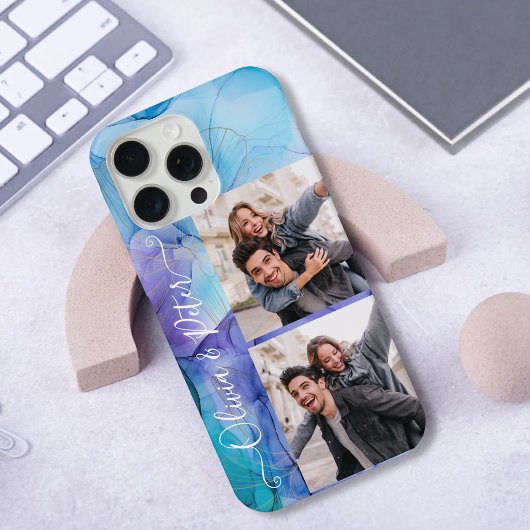 Modern cute Purple couple photos collage with name iPhone Hoesje