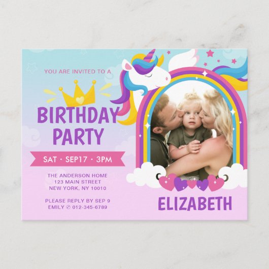Modern Cute Rainbow Unicorn Foto Birthday Uitnodiging Briefkaart (Voorkant)