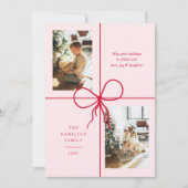 Modern Cute Red & Pink Bow Wrap 2 Photo Christmas Feestdagenkaart (Voorkant)