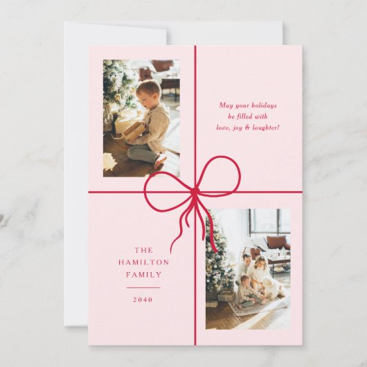 Modern Cute Red & Pink Bow Wrap 2 Photo Christmas Feestdagenkaart (Voorkant)