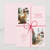 Modern Cute Red & Pink Bow Wrap 2 Photo Christmas Feestdagenkaart (Voorkant / Achterkant)