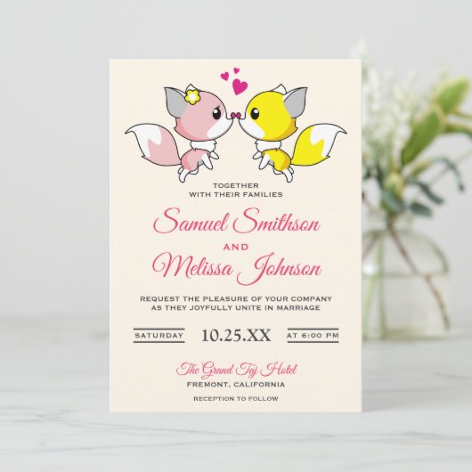 Modern Cute Romantic Fox Couple Wedding Invitation Kaart (Staand voorkant)