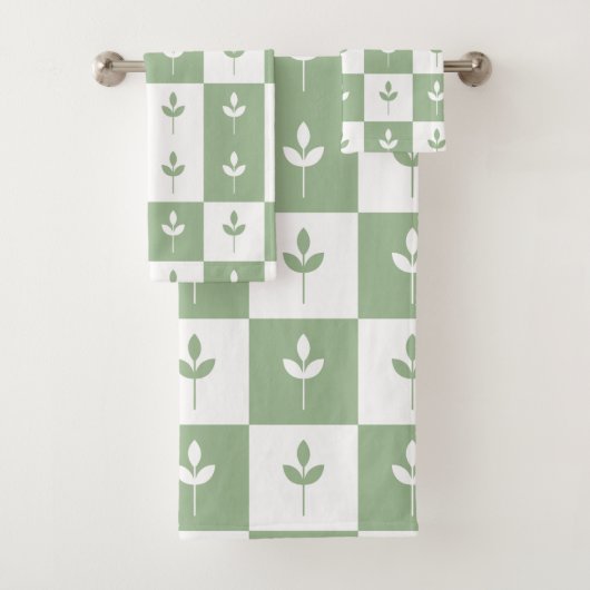 Modern Cute Sage-groen en wit bladpatroon Bad Handdoek (Insitu)