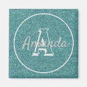 Modern Cute Trendy Blauwgroen Glitter Name Monogra Magneet (Voorkant)