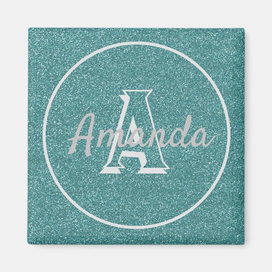 Modern Cute Trendy Blauwgroen Glitter Name Monogra Magneet (Voorkant)