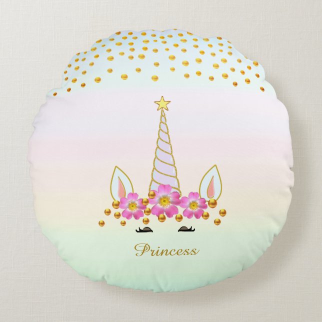 Modern, Cute Unicorn, Flowers & Gold Confetti Rond Kussen (Voorkant)