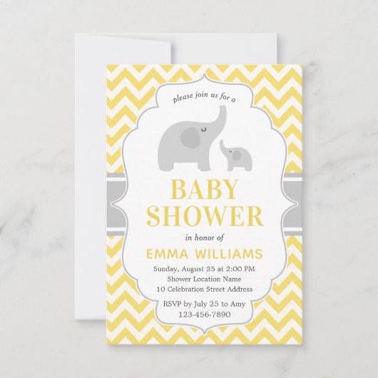 Modern Cute Yellow Grey Elephant Baby shower Kaart (Voorkant)