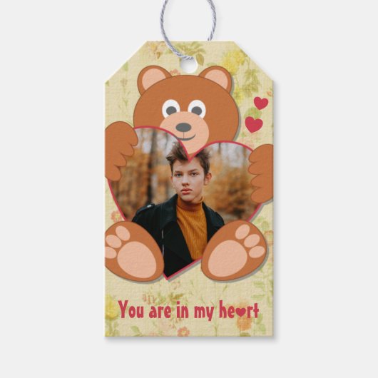 Modern Cute Yellow Teddy Bear Heart Photo Lijst Cadeaulabel (Voorkant)