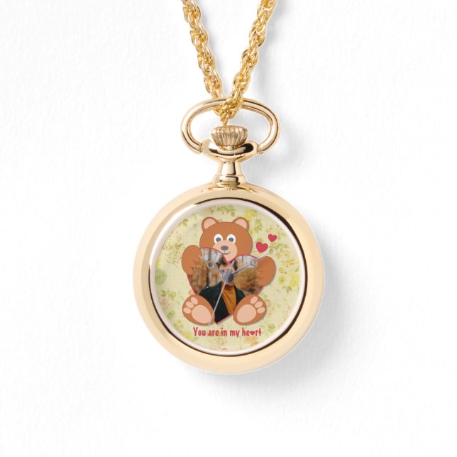 Modern Cute Yellow Teddy Bear Heart Photo Lijst Horloge (Voorkant)