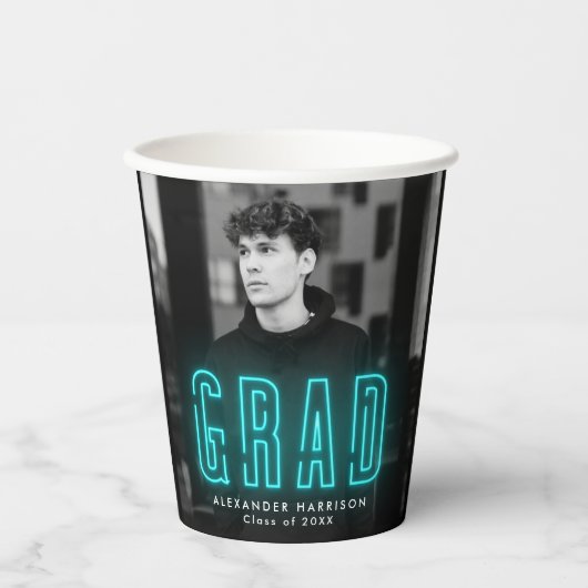 Modern Cyan Neon Afstuderen Papieren Bekers (Voorkant)