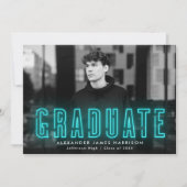 Modern Cyan Neon Photo Afstuderen Aankondiging (Voorkant)