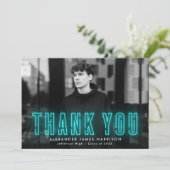 Modern Cyan Neon Photo Afstuderen Bedankkaart (Staand voorkant)