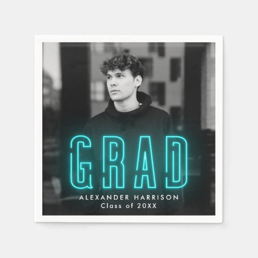 Modern Cyan Neon Photo Afstuderen Servet (Voorkant)