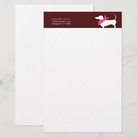 Modern Dachshund in Roze Scarf op chocolade Briefpapier (Voorkant / Achterkant)