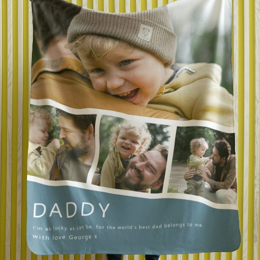Modern Daddy Photo Strip Collage Blue Fleece Deken