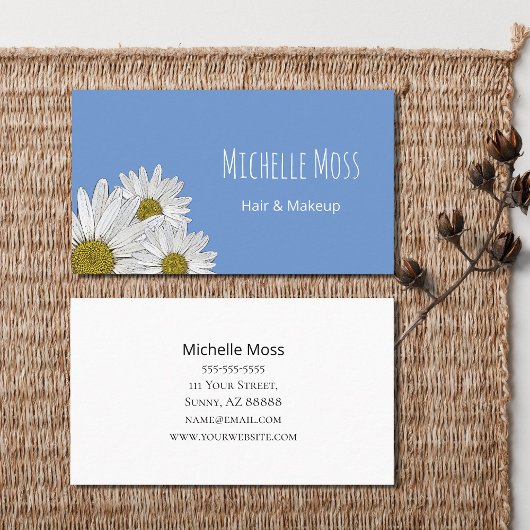 Modern Daisies Blue Simple Botanical Visitekaartje