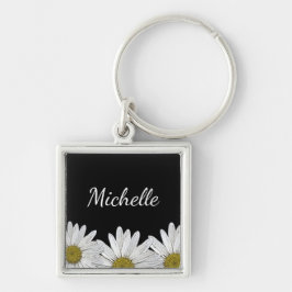 Modern Daisies Floral Rustic Black White Sleutelhanger