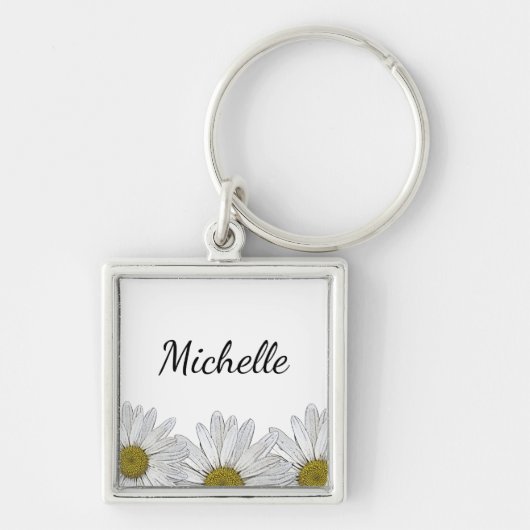 Modern Daisies Floral Rustic Black White Sleutelhanger (Voorkant)
