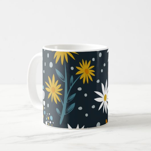 Modern Daisies Pattern on Dark Blue Koffiemok (Voorkant links)