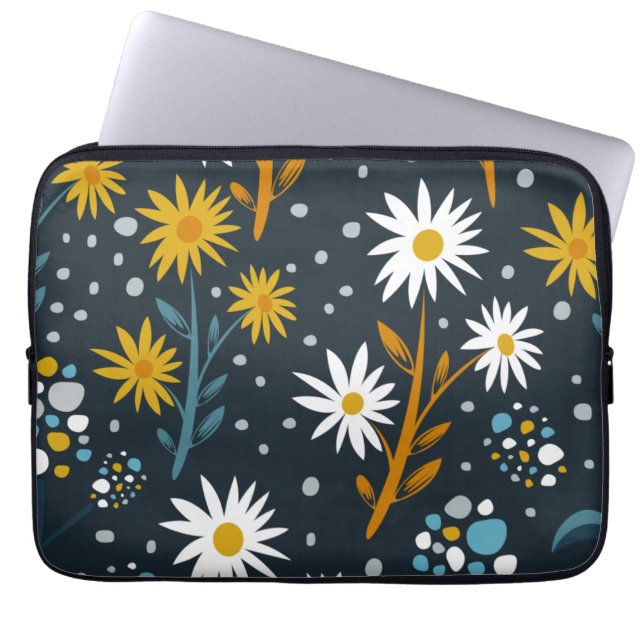 Modern Daisies Pattern on Dark Blue Laptop Sleeve (Voorkant)