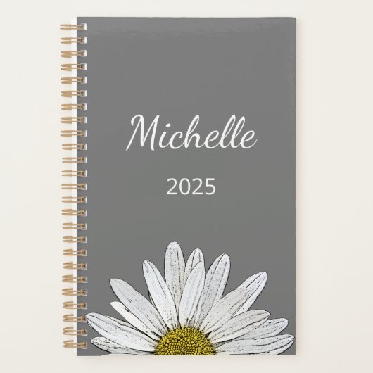 Modern Daisy 2025 Elegant Script Botanisch Grijs Planner (Voorkant)