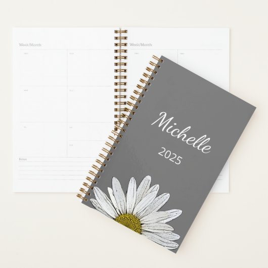 Modern Daisy 2025 Elegant Script Botanisch Grijs Planner (Display)