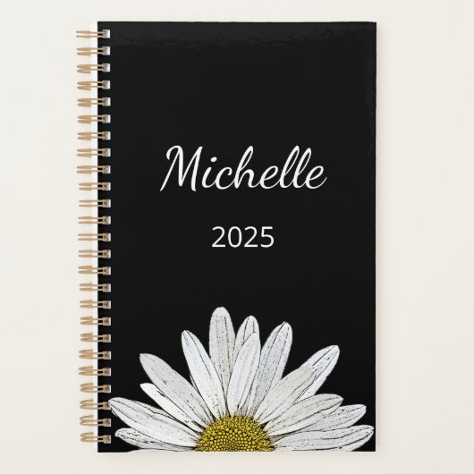 Modern Daisy 2025 Elegant Script Zwart Wit Planner (Voorkant)