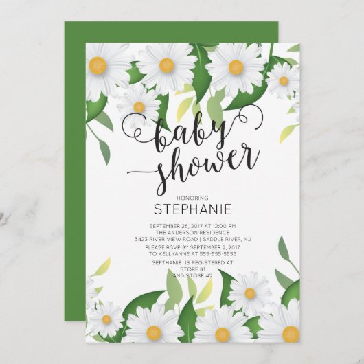 Modern Daisy Flowers Baby shower Invitation Kaart (Voorkant / Achterkant)