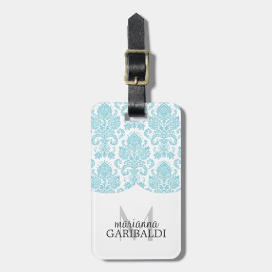 Modern Damask Aqua Personalized Bagagelabel (Voorkant verticaal)