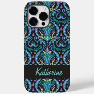 Modern Damask Art Deco Black Turquoise Blue Name Case-Mate iPhone 14 Pro Max Hoesje