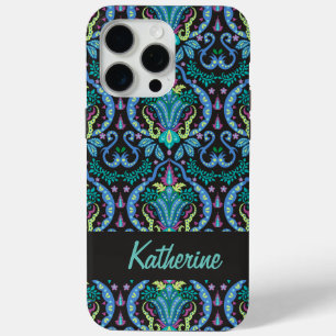 Modern Damask Art Deco Black Turquoise Blue Name iPhone 15 Pro Max Hoesje