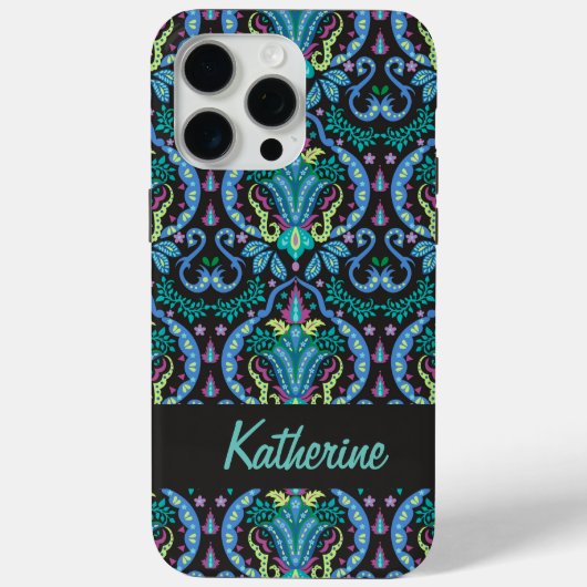Modern Damask Art Deco Black Turquoise Blue Name Case-Mate iPhone Case (Achterkant)