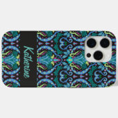 Modern Damask Art Deco Black Turquoise Blue Name Case-Mate iPhone Case (Achterkant (horizontaal))
