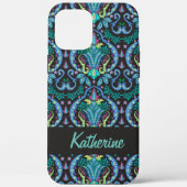 Modern Damask Art Deco Black Turquoise Blue Name Case-Mate iPhone Case (Achterkant)