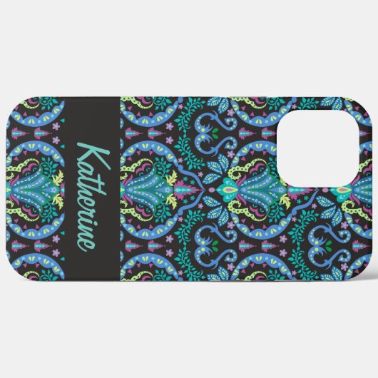 Modern Damask Art Deco Black Turquoise Blue Name Case-Mate iPhone Case (Achterkant (horizontaal))