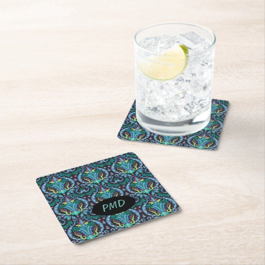 Modern Damask Art Deco Black Turquoise Blue Name Kartonnen Onderzetters (Insitu)
