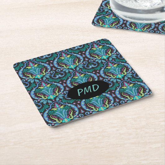 Modern Damask Art Deco Black Turquoise Blue Name Kartonnen Onderzetters (Schuin)