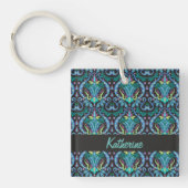 Modern Damask Art Deco Black Turquoise Blue Name Sleutelhanger (voorkant)