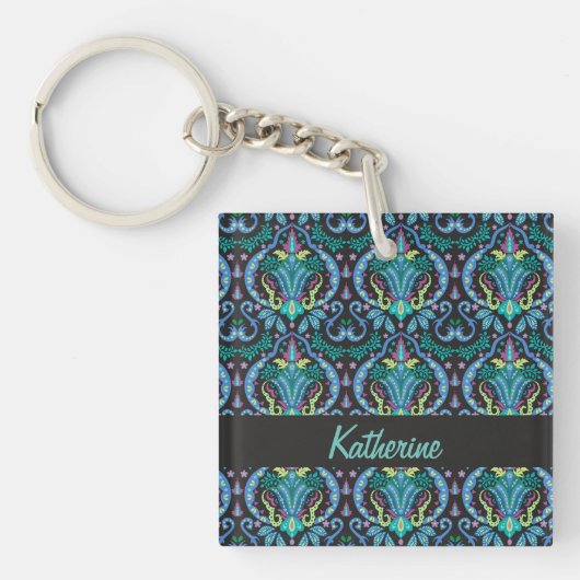 Modern Damask Art Deco Black Turquoise Blue Name Sleutelhanger (voorkant)