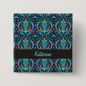 Modern Damask Art Deco Black Turquoise Blue Name Vierkante Button 5,1 Cm (Voorkant)