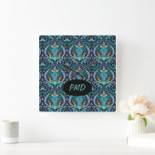 Modern Damask Art Deco Black Turquoise Blue Name Vierkante Klok (Huis)