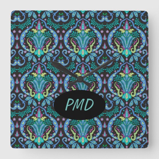 Modern Damask Art Deco Black Turquoise Blue Name Vierkante Klok (Voorkant)