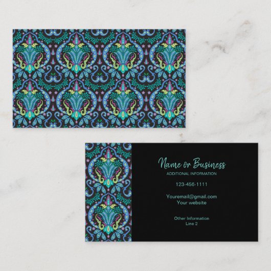 Modern Damask Art Deco Black Turquoise Blue Visitekaartje (Voorkant / Achterkant)